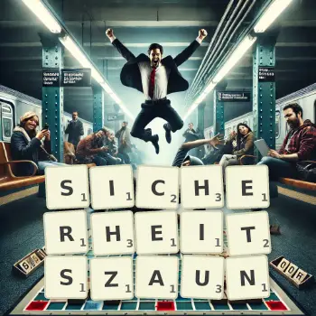 Kreative Illustration für ein Scrabble-Spiel, bei dem das Wort SICHERHEITSZAUN mit Steinen auf dem Brett gelegt wurde.