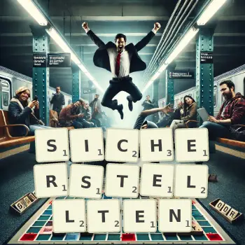 Kreative Illustration für ein Scrabble-Spiel, bei dem das Wort SICHERSTELLTEN mit Steinen auf dem Brett gelegt wurde.