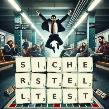 Kreative Illustration für ein Scrabble-Spiel, bei dem das Wort SICHERSTELLTEST mit Steinen auf dem Brett gelegt wurde.