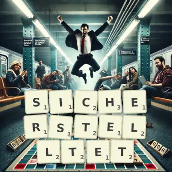 Kreative Illustration für ein Scrabble-Spiel, bei dem das Wort SICHERSTELLTET mit Steinen auf dem Brett gelegt wurde.