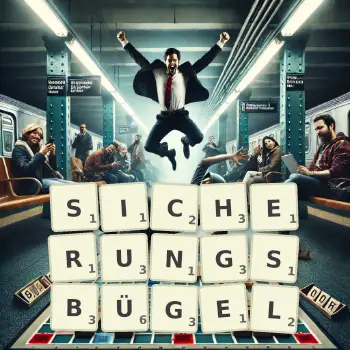 Kreative Illustration für ein Scrabble-Spiel, bei dem das Wort SICHERUNGSBÜGEL mit Steinen auf dem Brett gelegt wurde.