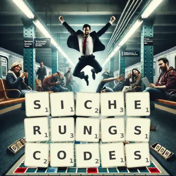 Kreative Illustration für ein Scrabble-Spiel, bei dem das Wort SICHERUNGSCODES mit Steinen auf dem Brett gelegt wurde.