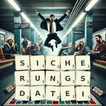 Kreative Illustration für ein Scrabble-Spiel, bei dem das Wort SICHERUNGSDATEI mit Steinen auf dem Brett gelegt wurde.