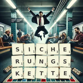 Kreative Illustration für ein Scrabble-Spiel, bei dem das Wort SICHERUNGSKETTE mit Steinen auf dem Brett gelegt wurde.