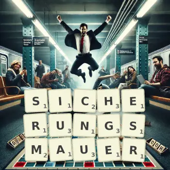 Kreative Illustration für ein Scrabble-Spiel, bei dem das Wort SICHERUNGSMAUER mit Steinen auf dem Brett gelegt wurde.