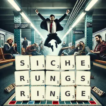 Kreative Illustration für ein Scrabble-Spiel, bei dem das Wort SICHERUNGSRINGE mit Steinen auf dem Brett gelegt wurde.