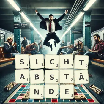 Kreative Illustration für ein Scrabble-Spiel, bei dem das Wort SICHTABSTÄNDE mit Steinen auf dem Brett gelegt wurde.