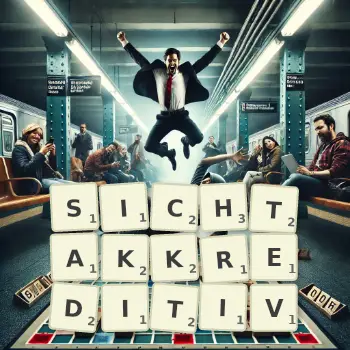 Kreative Illustration für ein Scrabble-Spiel, bei dem das Wort SICHTAKKREDITIV mit Steinen auf dem Brett gelegt wurde.