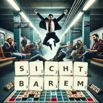 Kreative Illustration für ein Scrabble-Spiel, bei dem das Wort SICHTBAREM mit Steinen auf dem Brett gelegt wurde.