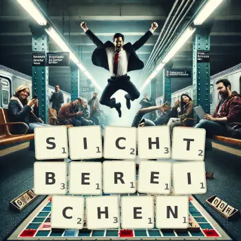 Kreative Illustration für ein Scrabble-Spiel, bei dem das Wort SICHTBEREICHEN mit Steinen auf dem Brett gelegt wurde.