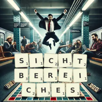 Kreative Illustration für ein Scrabble-Spiel, bei dem das Wort SICHTBEREICHES mit Steinen auf dem Brett gelegt wurde.