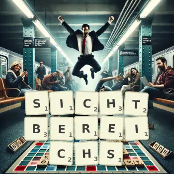 Kreative Illustration für ein Scrabble-Spiel, bei dem das Wort SICHTBEREICHS mit Steinen auf dem Brett gelegt wurde.