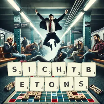 Kreative Illustration für ein Scrabble-Spiel, bei dem das Wort SICHTBETONS mit Steinen auf dem Brett gelegt wurde.