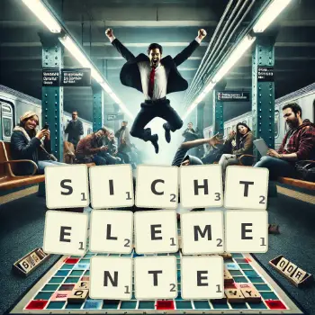 Kreative Illustration für ein Scrabble-Spiel, bei dem das Wort SICHTELEMENTE mit Steinen auf dem Brett gelegt wurde.