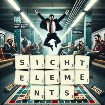 Kreative Illustration für ein Scrabble-Spiel, bei dem das Wort SICHTELEMENTS mit Steinen auf dem Brett gelegt wurde.