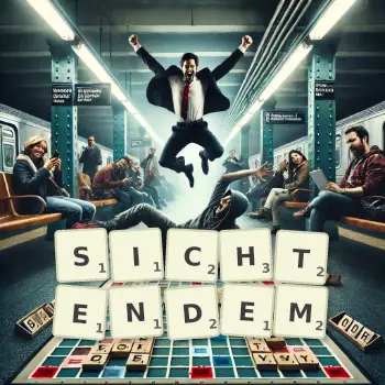 Kreative Illustration für ein Scrabble-Spiel, bei dem das Wort SICHTENDEM mit Steinen auf dem Brett gelegt wurde.