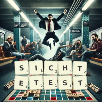 Kreative Illustration für ein Scrabble-Spiel, bei dem das Wort SICHTETEST mit Steinen auf dem Brett gelegt wurde.