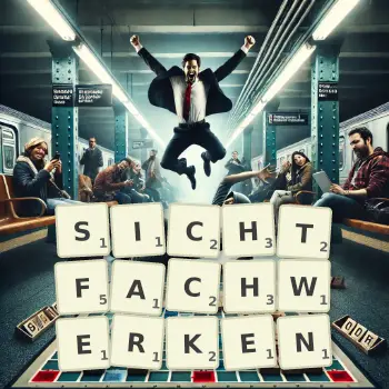 Kreative Illustration für ein Scrabble-Spiel, bei dem das Wort SICHTFACHWERKEN mit Steinen auf dem Brett gelegt wurde.