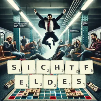 Kreative Illustration für ein Scrabble-Spiel, bei dem das Wort SICHTFELDES mit Steinen auf dem Brett gelegt wurde.