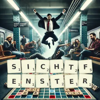 Kreative Illustration für ein Scrabble-Spiel, bei dem das Wort SICHTFENSTER mit Steinen auf dem Brett gelegt wurde.