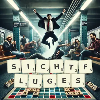 Kreative Illustration für ein Scrabble-Spiel, bei dem das Wort SICHTFLUGES mit Steinen auf dem Brett gelegt wurde.