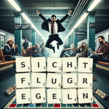 Kreative Illustration für ein Scrabble-Spiel, bei dem das Wort SICHTFLUGREGELN mit Steinen auf dem Brett gelegt wurde.