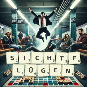 Kreative Illustration für ein Scrabble-Spiel, bei dem das Wort SICHTFLÜGEN mit Steinen auf dem Brett gelegt wurde.
