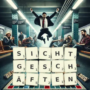 Kreative Illustration für ein Scrabble-Spiel, bei dem das Wort SICHTGESCHÄFTEN mit Steinen auf dem Brett gelegt wurde.