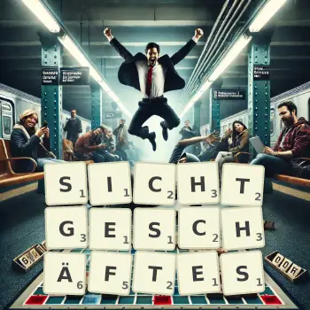 Kreative Illustration für ein Scrabble-Spiel, bei dem das Wort SICHTGESCHÄFTES mit Steinen auf dem Brett gelegt wurde.