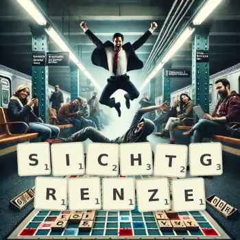 Kreative Illustration für ein Scrabble-Spiel, bei dem das Wort SICHTGRENZE mit Steinen auf dem Brett gelegt wurde.