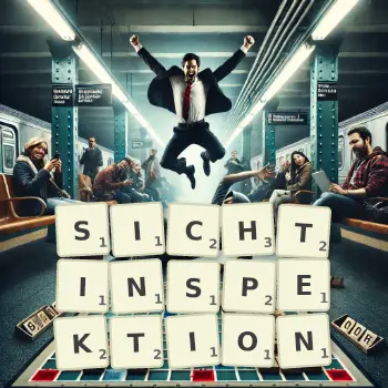 Kreative Illustration für ein Scrabble-Spiel, bei dem das Wort SICHTINSPEKTION mit Steinen auf dem Brett gelegt wurde.