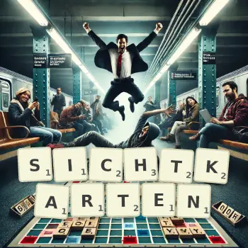 Kreative Illustration für ein Scrabble-Spiel, bei dem das Wort SICHTKARTEN mit Steinen auf dem Brett gelegt wurde.