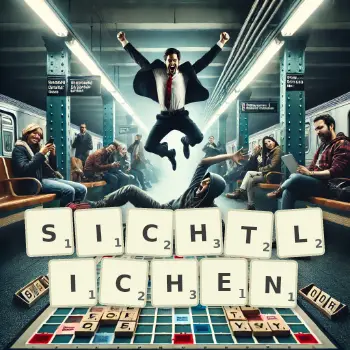 Kreative Illustration für ein Scrabble-Spiel, bei dem das Wort SICHTLICHEN mit Steinen auf dem Brett gelegt wurde.