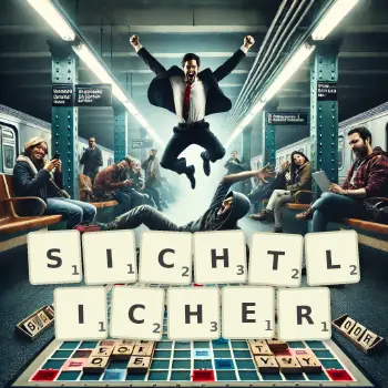 Kreative Illustration für ein Scrabble-Spiel, bei dem das Wort SICHTLICHER mit Steinen auf dem Brett gelegt wurde.