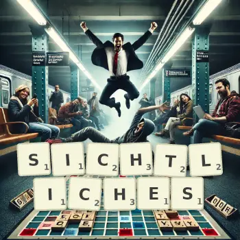 Kreative Illustration für ein Scrabble-Spiel, bei dem das Wort SICHTLICHES mit Steinen auf dem Brett gelegt wurde.