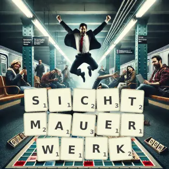 Kreative Illustration für ein Scrabble-Spiel, bei dem das Wort SICHTMAUERWERK mit Steinen auf dem Brett gelegt wurde.