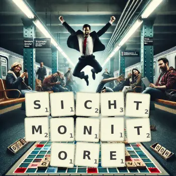 Kreative Illustration für ein Scrabble-Spiel, bei dem das Wort SICHTMONITORE mit Steinen auf dem Brett gelegt wurde.