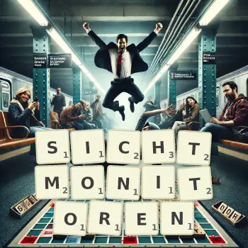 Kreative Illustration für ein Scrabble-Spiel, bei dem das Wort SICHTMONITOREN mit Steinen auf dem Brett gelegt wurde.