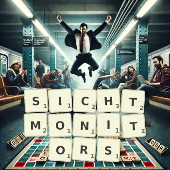 Kreative Illustration für ein Scrabble-Spiel, bei dem das Wort SICHTMONITORS mit Steinen auf dem Brett gelegt wurde.