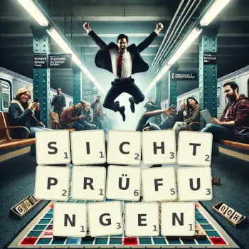 Kreative Illustration für ein Scrabble-Spiel, bei dem das Wort SICHTPRÜFUNGEN mit Steinen auf dem Brett gelegt wurde.