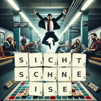 Kreative Illustration für ein Scrabble-Spiel, bei dem das Wort SICHTSCHNEISE mit Steinen auf dem Brett gelegt wurde.