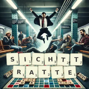 Kreative Illustration für ein Scrabble-Spiel, bei dem das Wort SICHTTRATTE mit Steinen auf dem Brett gelegt wurde.