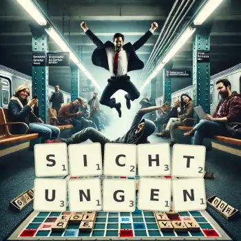 Kreative Illustration für ein Scrabble-Spiel, bei dem das Wort SICHTUNGEN mit Steinen auf dem Brett gelegt wurde.