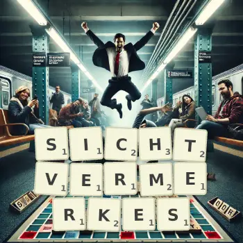 Kreative Illustration für ein Scrabble-Spiel, bei dem das Wort SICHTVERMERKES mit Steinen auf dem Brett gelegt wurde.