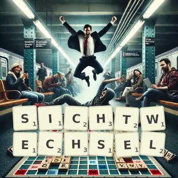 Kreative Illustration für ein Scrabble-Spiel, bei dem das Wort SICHTWECHSEL mit Steinen auf dem Brett gelegt wurde.