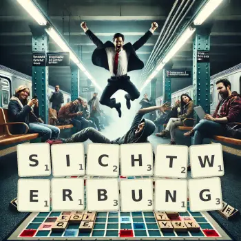 Kreative Illustration für ein Scrabble-Spiel, bei dem das Wort SICHTWERBUNG mit Steinen auf dem Brett gelegt wurde.