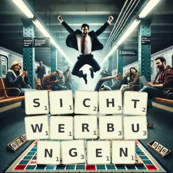 Kreative Illustration für ein Scrabble-Spiel, bei dem das Wort SICHTWERBUNGEN mit Steinen auf dem Brett gelegt wurde.