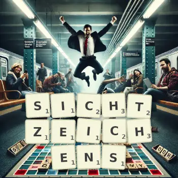 Kreative Illustration für ein Scrabble-Spiel, bei dem das Wort SICHTZEICHENS mit Steinen auf dem Brett gelegt wurde.