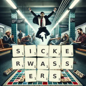 Kreative Illustration für ein Scrabble-Spiel, bei dem das Wort SICKERWASSERS mit Steinen auf dem Brett gelegt wurde.