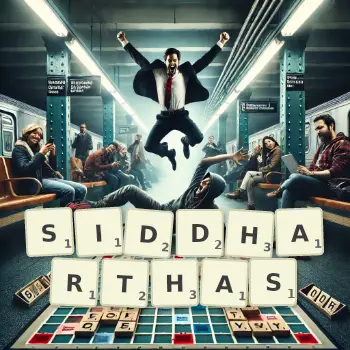 Kreative Illustration für ein Scrabble-Spiel, bei dem das Wort SIDDHARTHAS mit Steinen auf dem Brett gelegt wurde.